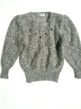 Vintage Mohair Blend Puff Sleeves Embellished Women's Grey Short Sweater, S